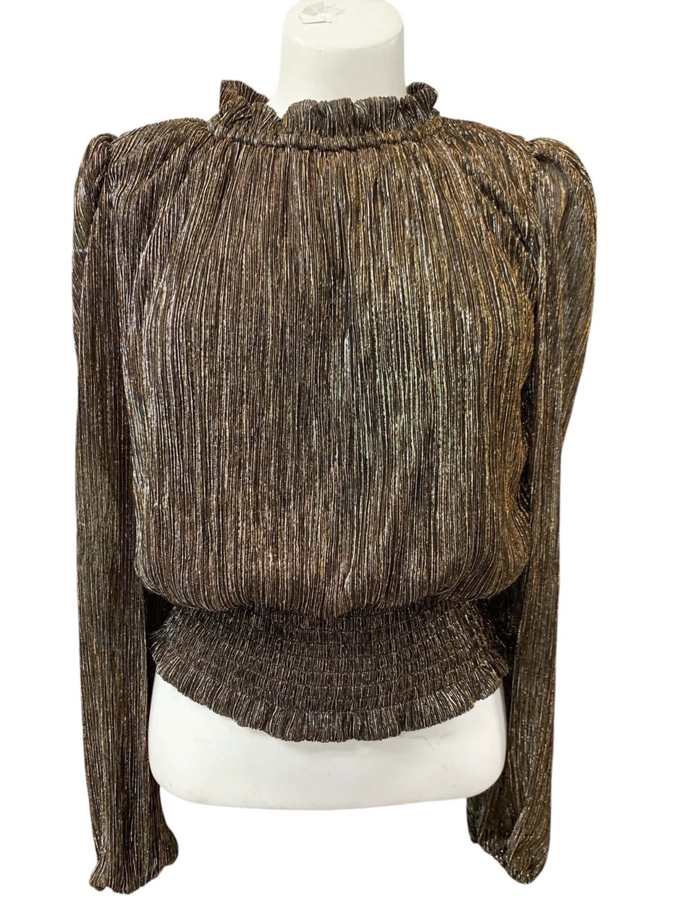 Joie Metallic Bronze Pleated Long-Sleeve Top Size M